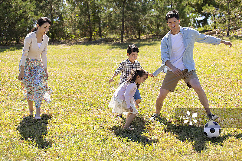 快乐的年轻家庭在草地上踢足球图片素材