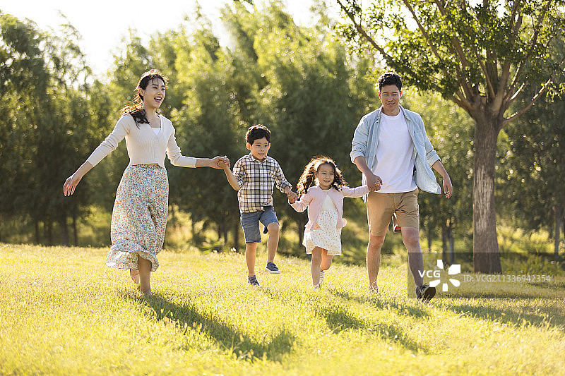 快乐的年轻家庭在草地上嬉戏图片素材