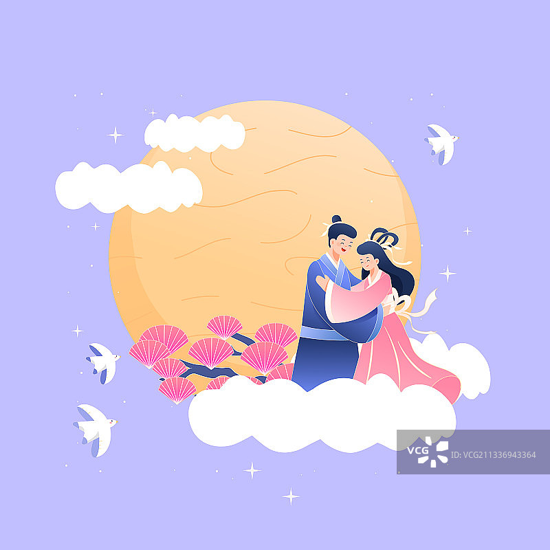 卡通夏季七夕节情侣情人节传统节日牛郎织女中国风国潮矢量插画图片素材
