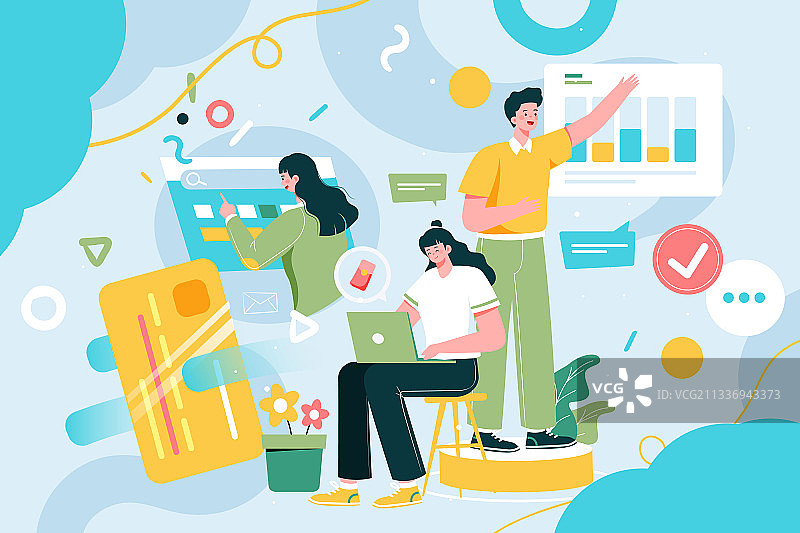 卡通全球经济商务科技互联网商业团队合作数据电商促销矢量插画图片素材
