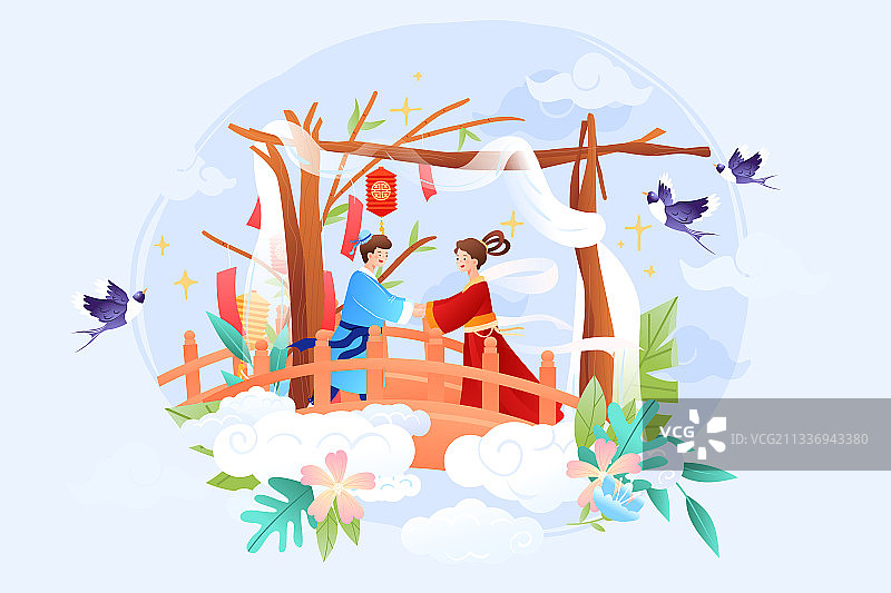 卡通夏季七夕节情侣情人节传统节日牛郎织女中国风国潮矢量插画图片素材