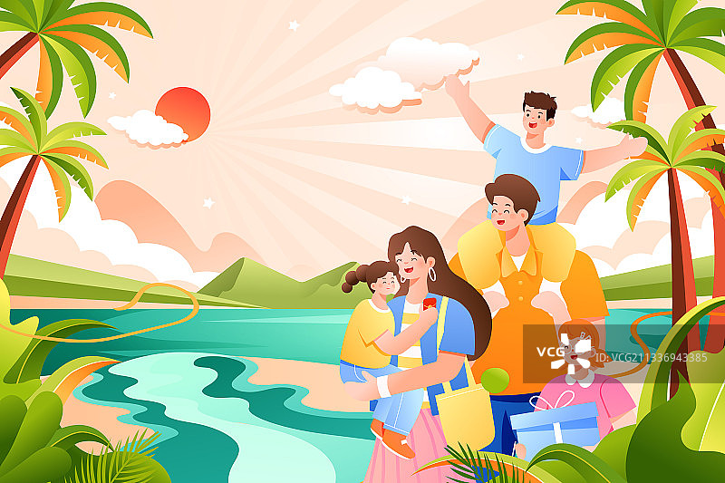 卡通夏季夏天海边度假旅游旅行休闲娱乐出游亲子游家人矢量插画图片素材