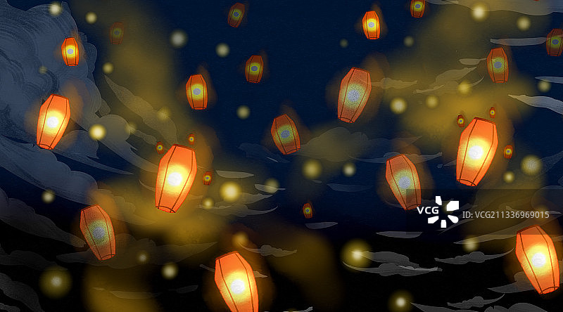 夜晚孔明灯插画背景图片素材