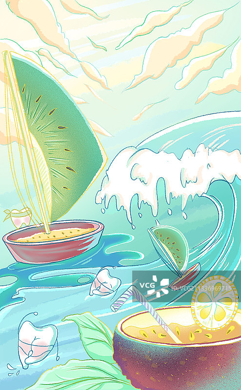 水果海浪主题插画图片素材