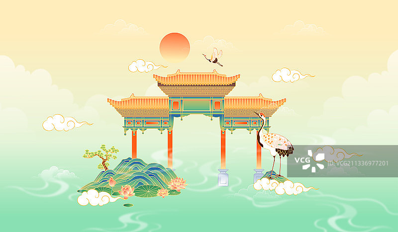中国标志建筑词牌楼牌坊矢量插画图片素材