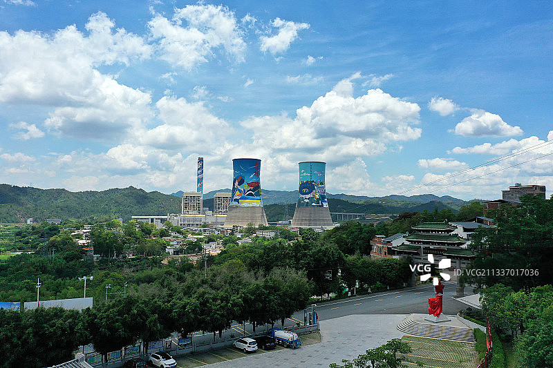 广东省梅州市大埔县三河镇广东粤电大埔火力发电站航拍图片素材