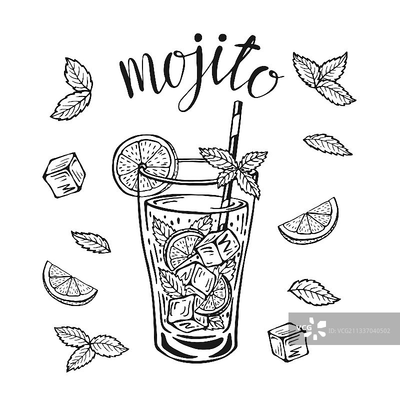 手绘经典莫吉托鸡尾酒图片素材