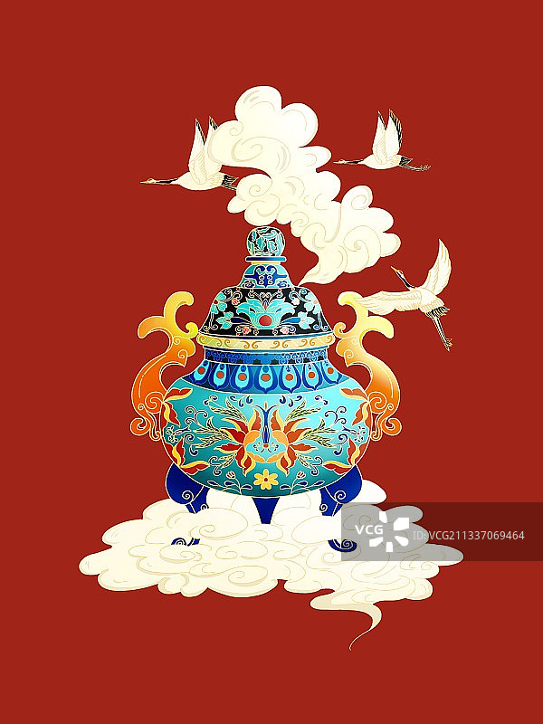 国潮插画复古老物件景泰蓝香炉意境插画图片素材