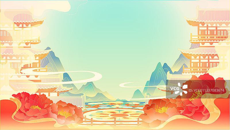 唐朝牡丹宫殿祥云青山国潮插画图片素材