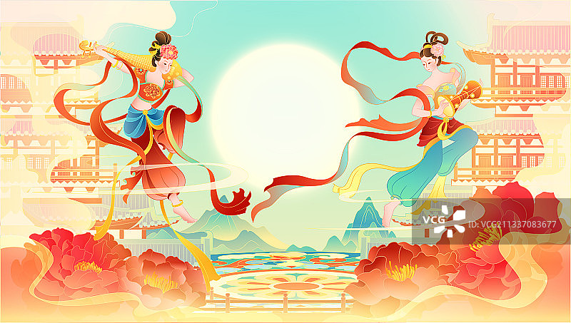 唐朝敦煌宫殿祥云牡丹奏乐舞蹈飞天美女图片素材