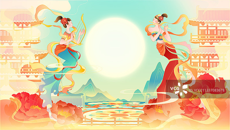 唐朝敦煌宫殿祥云牡丹奏乐舞蹈飞天美女图片素材