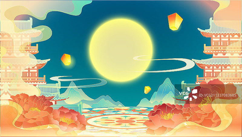 中秋节月亮牡丹宫殿祥云灯山矢量插画图片素材