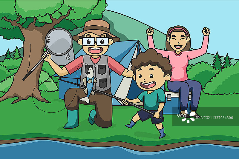和父母孩子们一起钓鱼和露营图片素材