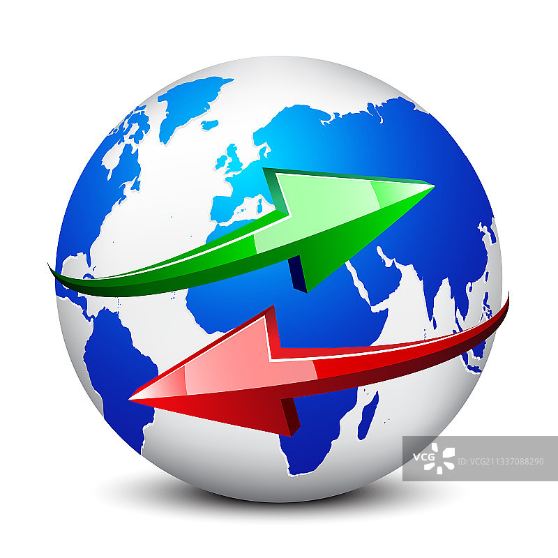 白色背景上的地球仪、红色和绿色箭头图片素材