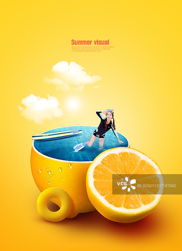 泳装亚洲模特与热带元素的夏日视觉图片素材