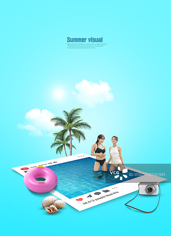 泳装亚洲模特与热带元素的夏日视觉图片素材