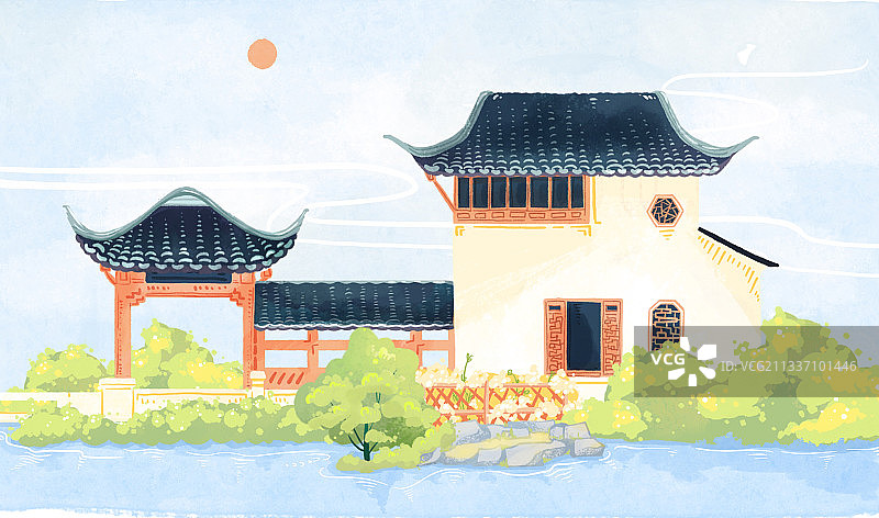 拙政园风景插画 香洲图片素材