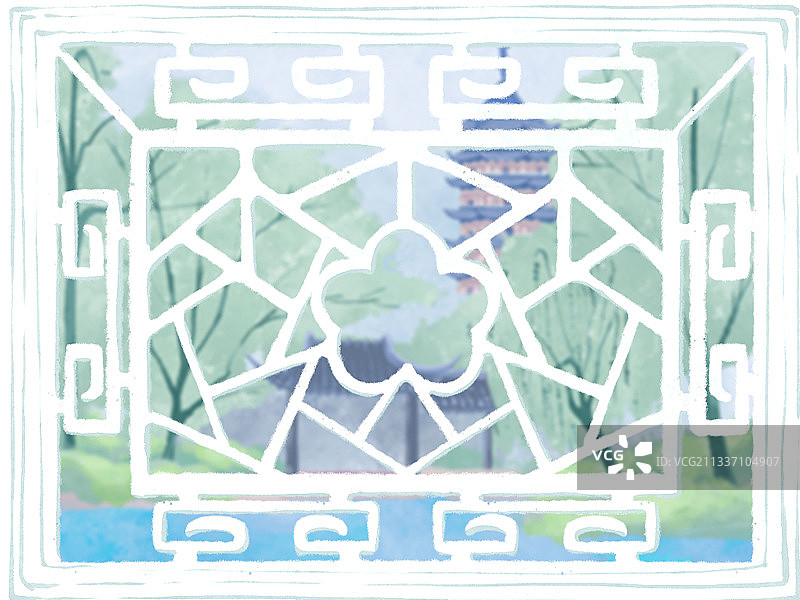 园林花窗文创手绘图片素材