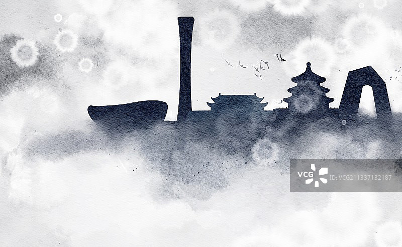 北京城市天际线水墨插画图片素材