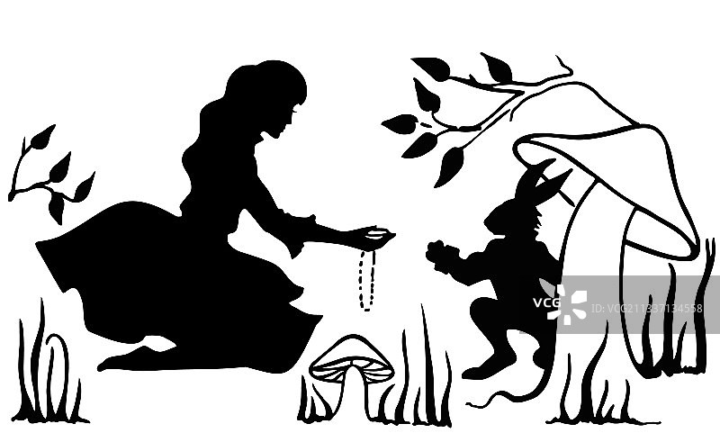 爱丽丝与白兔墨水画图片素材