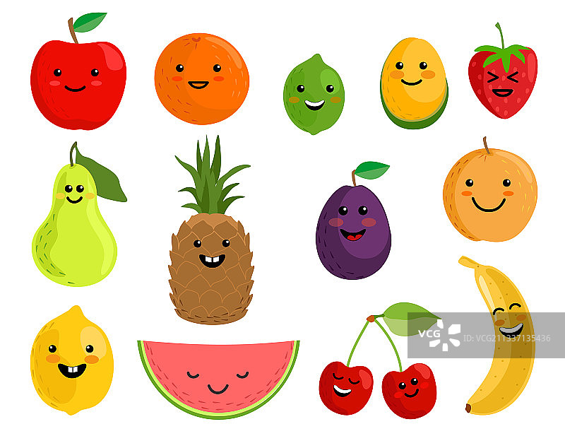 快乐可爱微笑的水果脸扁平风格图片素材