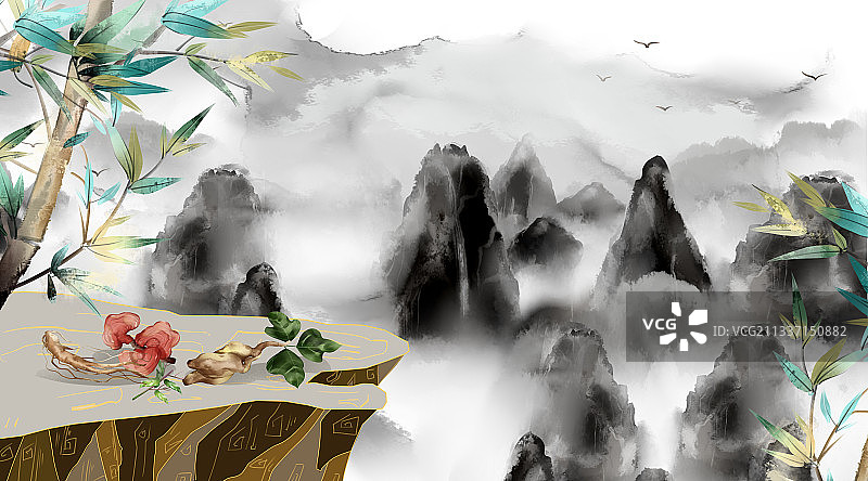 中国风山水中医风景插画背景图片素材