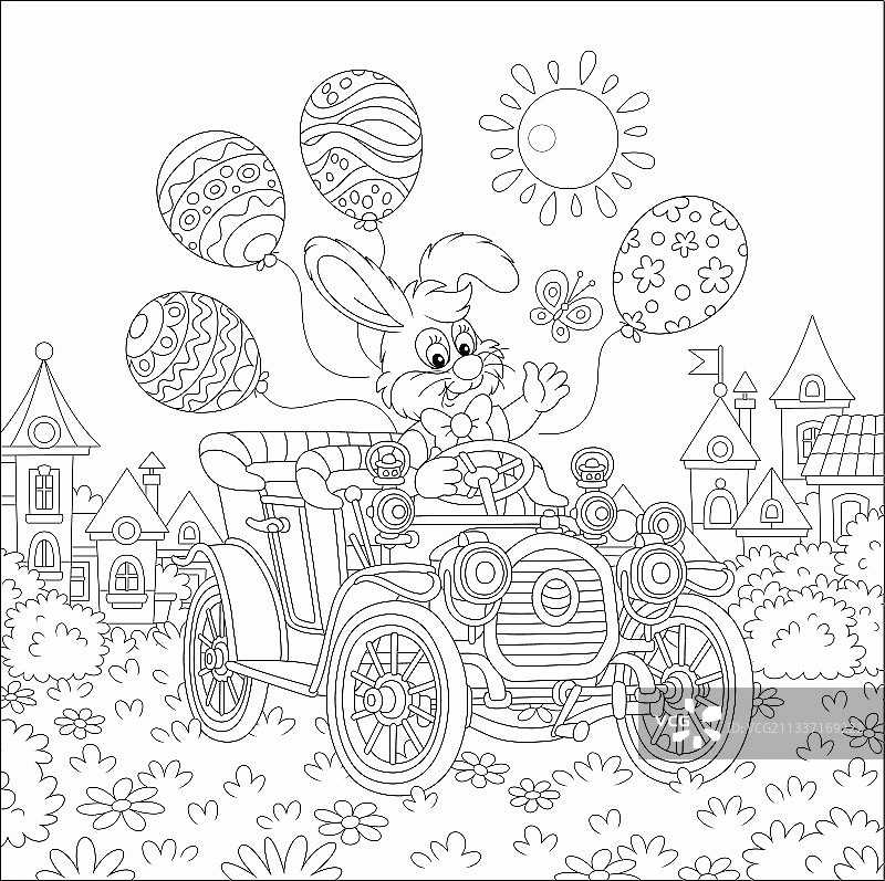 驾驶复古汽车的小复活节兔子图片素材