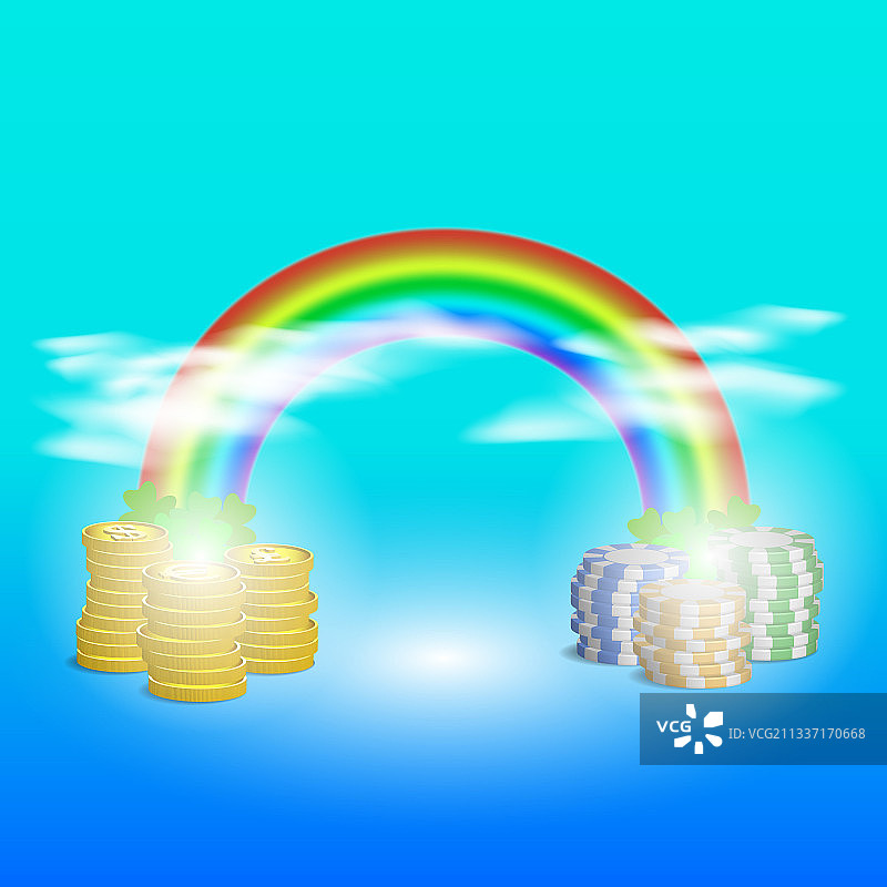 明亮彩虹海报堆叠金币图片素材