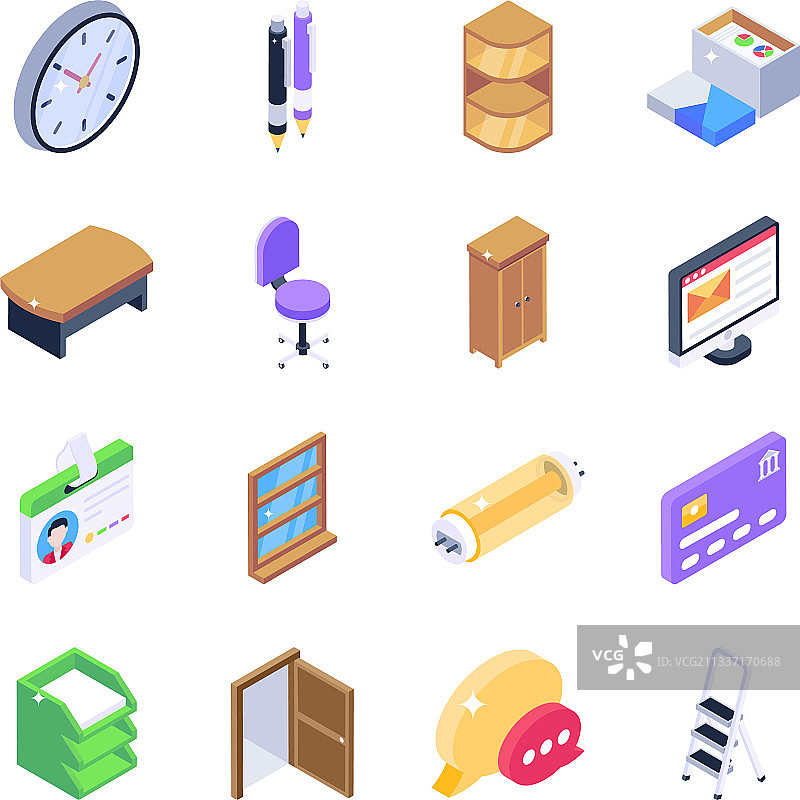 办公室设备和家具2.5D图标图片素材