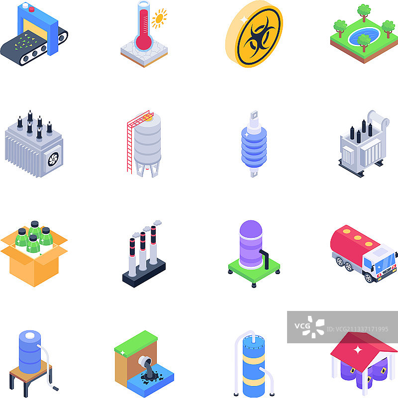 自然灾害和炼油厂2.5D图标图片素材