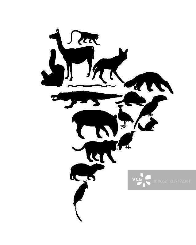 南美洲动物剪影地图图片素材