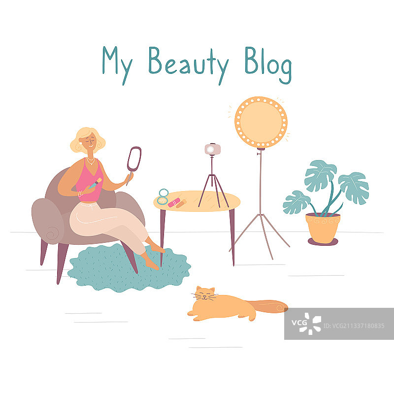 年轻美容博主录制化妆视频图片素材