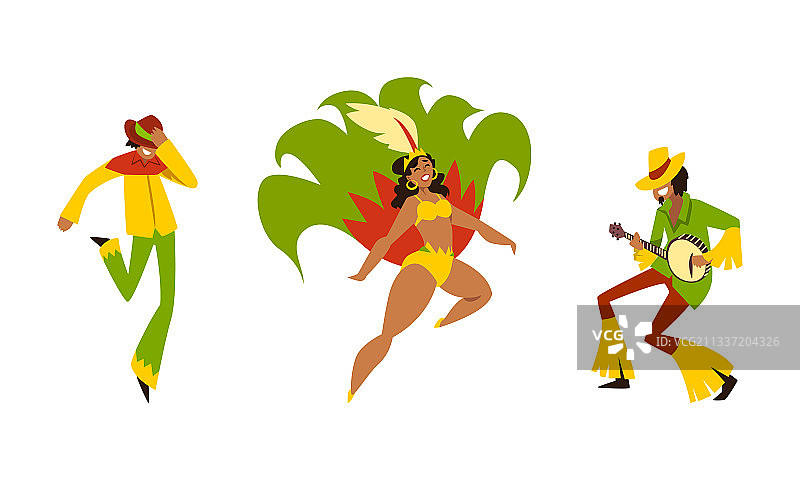 身着鲜艳羽毛服装的巴西桑巴舞者图片素材