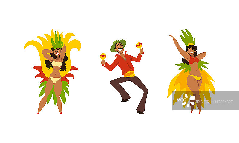 身着鲜艳羽毛服装的巴西桑巴舞者图片素材