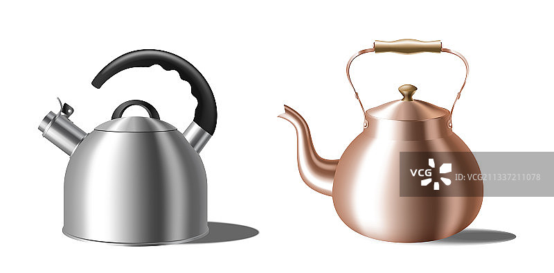 逼真茶壶套装：鸣笛水壶和复古茶壶图片素材