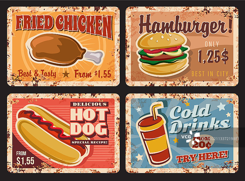 快餐咖啡馆餐点和饮料复古金属板图片素材