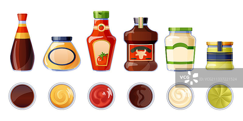 瓶子和碗中盛放的不同酱汁图片素材