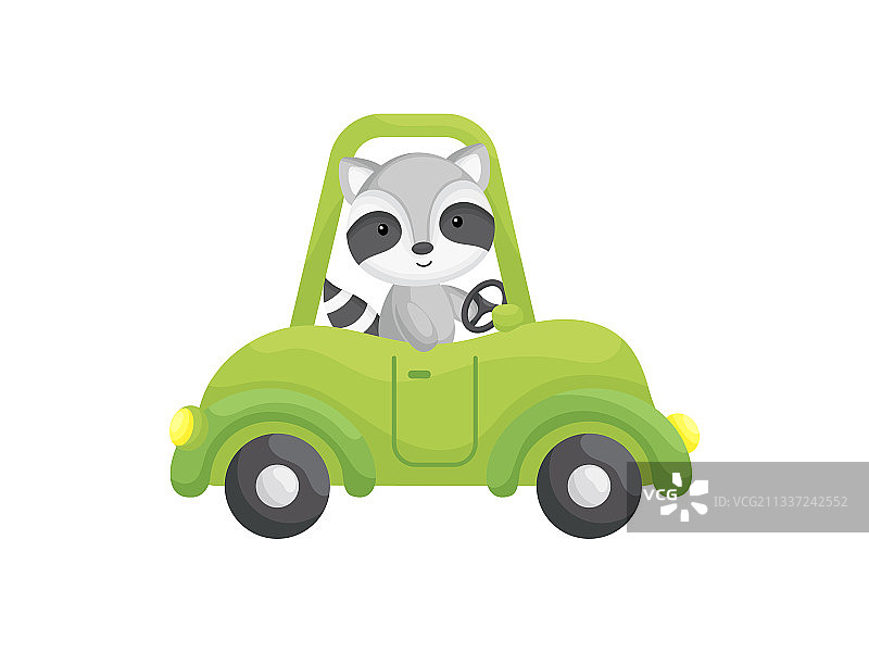 驾驶绿色汽车的可爱小浣熊卡通图片素材