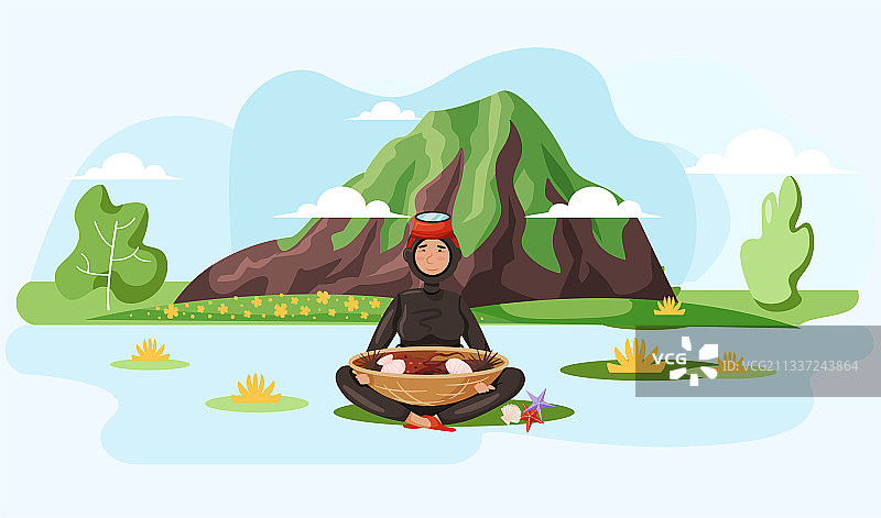 穿着潜水服的女孩在山水边图片素材