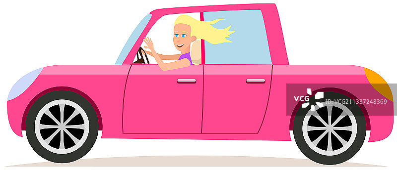 驾驶粉色汽车的快乐年轻女子图片素材