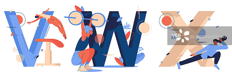 带女性人物的运动字母集合图片素材