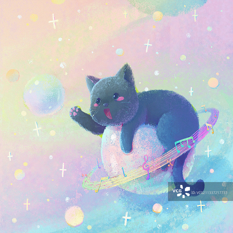 梦幻可爱猫咪音乐星球插画图片素材