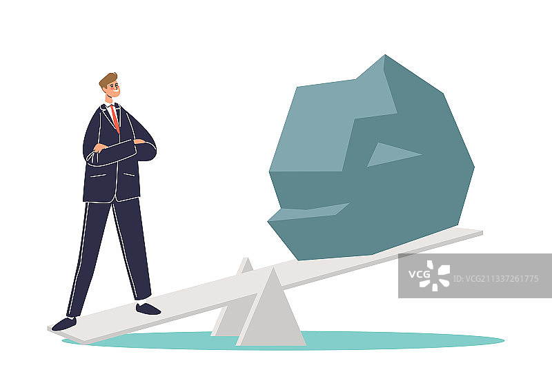 商人抬起跷跷板上的大石头图片素材