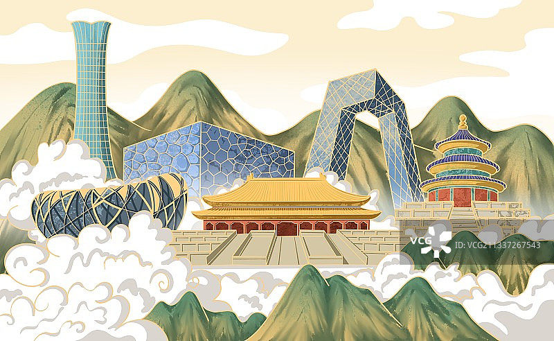 北京城市天际线国潮插画图片素材