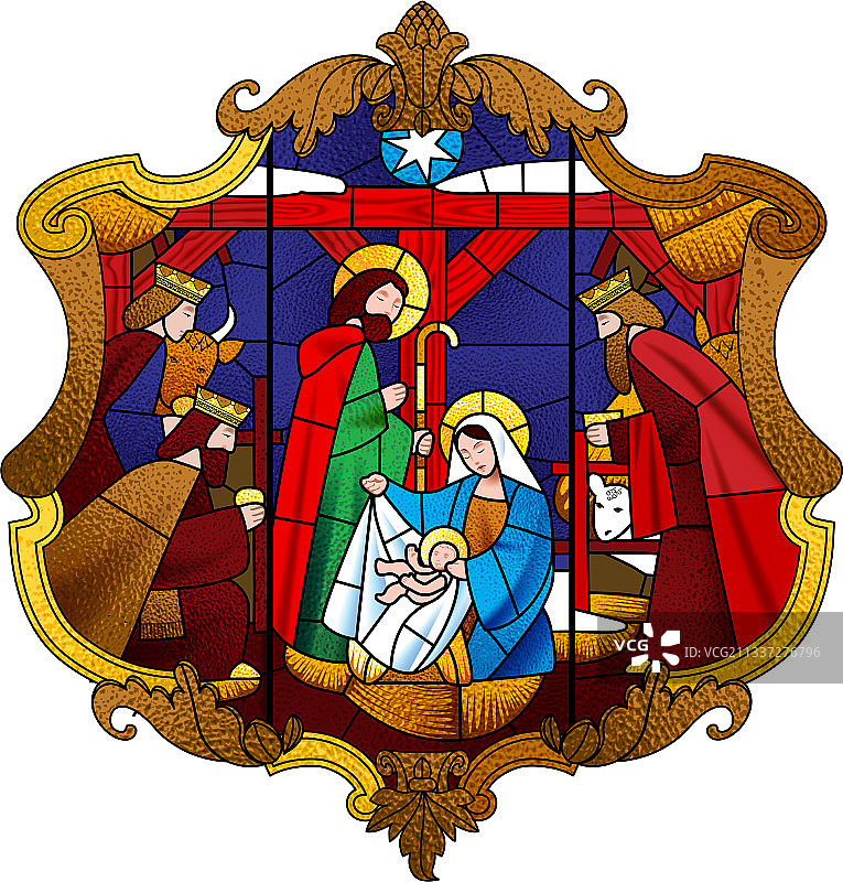 描绘圣诞场景的彩色玻璃窗图片素材