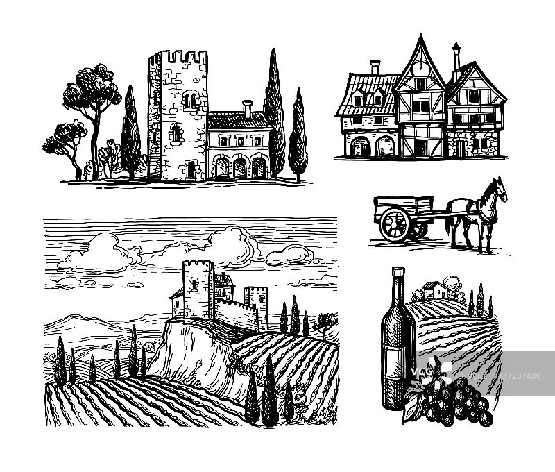 乡村景色墨水素描图片素材