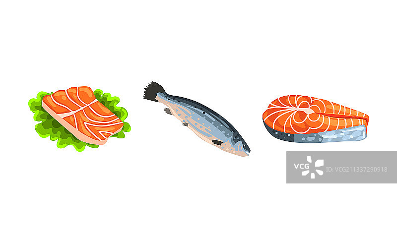 新鲜的三文鱼鱼片和牛排海鲜图片素材