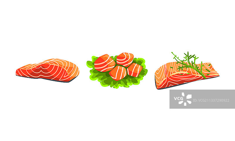 绿色背景上的新鲜三文鱼片图片素材