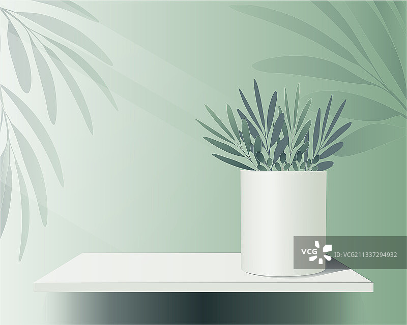 绿色背景货架花瓶树叶设计图片素材