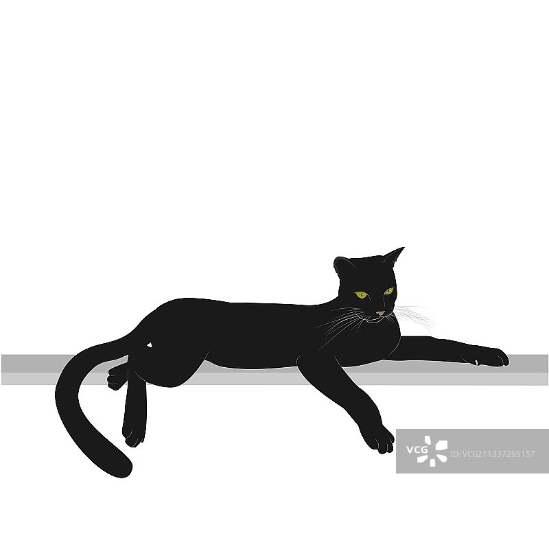 绿眼睛的黑猫躺在灰色表面上图片素材